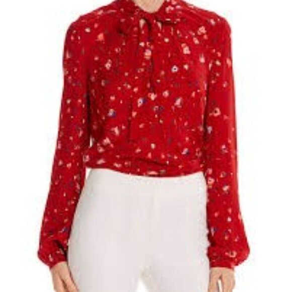 Derek Lam Evadine Blouse Red Floral Tie-neck Long Sleeves Top 2 - Picture 4 of 13